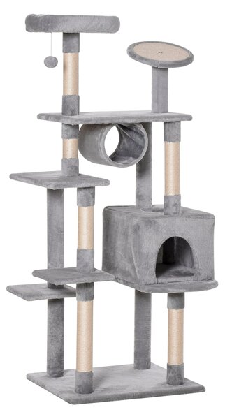 Albero Tiragraffi per Gatti 60x50x165 cm in Peluche e Corda Sisal Grigio e Beige
