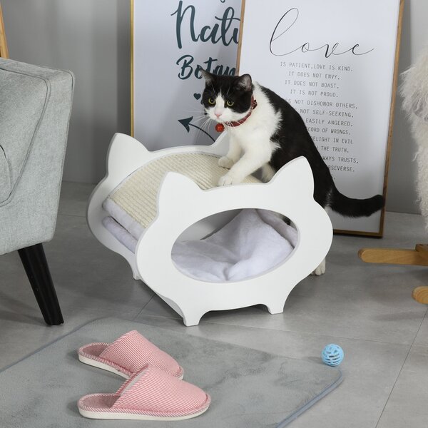 Cuccia per Gatti in Legno 45,5x32,5x34,5 cm con Tiragraffi Bianco
