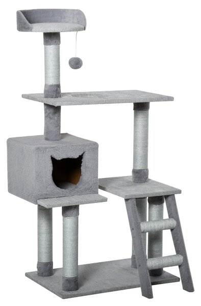 Albero Tiragraffi per Gatti 60,5x40x124 cm con Casetta e Corda di Juta Grigio