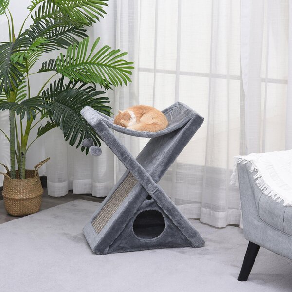 Tiragraffi per Gatti Pieghevole 54,5x32x65 cm con Casetta in Peluche Grigio