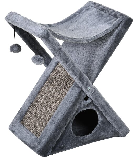 Tiragraffi per Gatti Pieghevole 54,5x32x65 cm con Casetta in Peluche Grigio