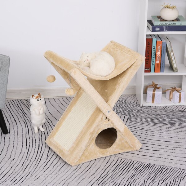 Tiragraffi per Gatti Pieghevole 54,5x32x65 cm con Casetta in Peluche Giallo