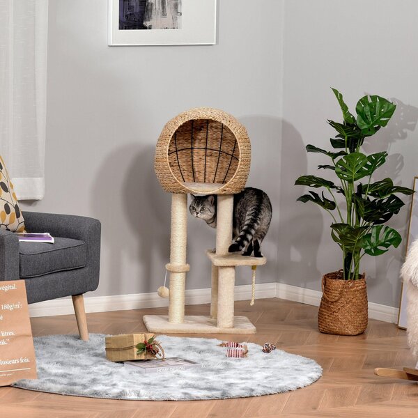 Albero Tiragraffi per Gatti 48x40x100 cm con Cuccia in Peluche Beige