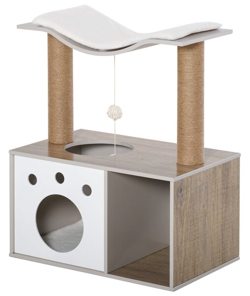 Albero Tiragraffi per Gatti 60x37x74 cm con Cuccia in Legno Marrone Chiaro