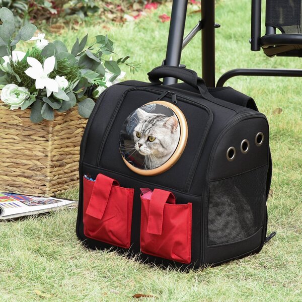 Zaino Pieghevole con Oblò per Gatti e Cani di Piccola Taglia 38x24x38 cm in Tessuto Oxford Nero e Rosso
