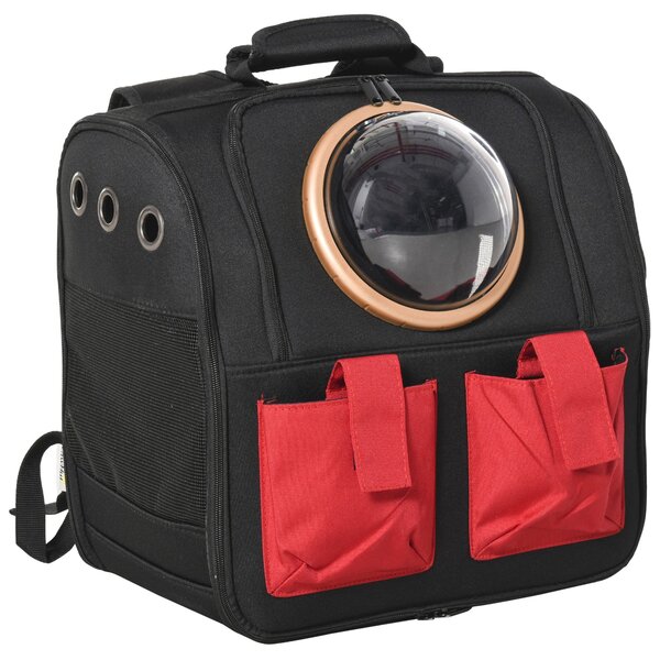 Zaino Pieghevole con Oblò per Gatti e Cani di Piccola Taglia 38x24x38 cm in Tessuto Oxford Nero e Rosso