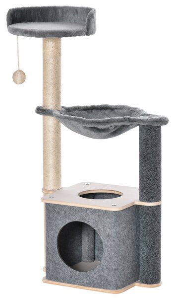 Albero Tiragraffi Multilivello 48x34x95 cm con Casetta e Corde in Sisal Grigio