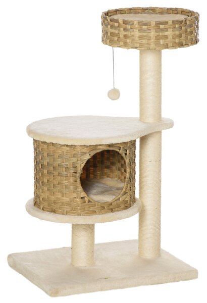 Albero Tiragraffi per Gatti 55x47x95 cm in Rattan e Pali in Sisal Beige