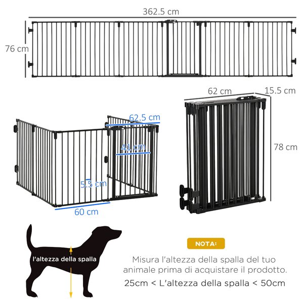 Recinto per Cani Gatti Pieghevole 362,5x2x76 cm 6 Sezioni in Acciaio Nero