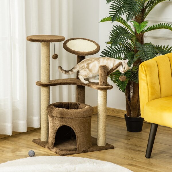 Albero Tiragraffi per Gatti 48x48x87 cm in Corda Sisal Rivestimento in Peluche Caffè