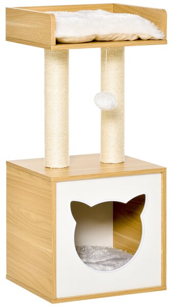 Cuccia per Gatti 35x35x81 cm in Rattan con Cuscini Bianco e Crema