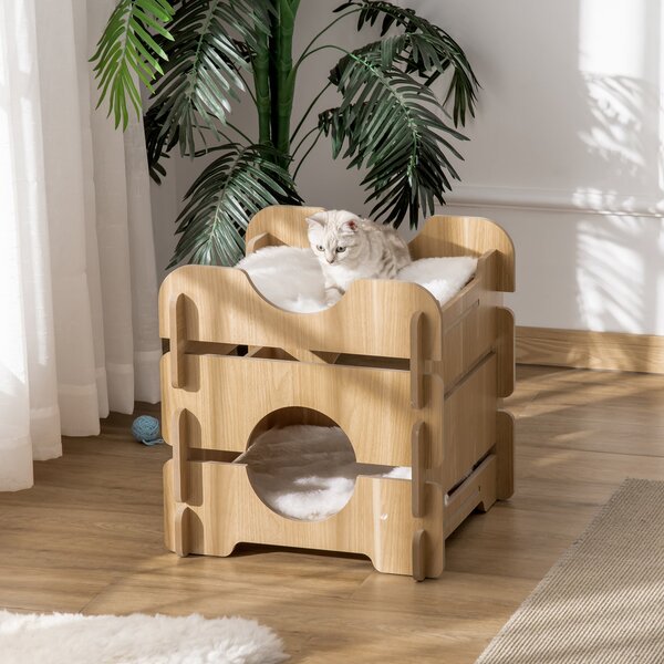 Cuccia per Gatti 50x50x50 cm 2 Piani con Cuscini in Legno Rovere
