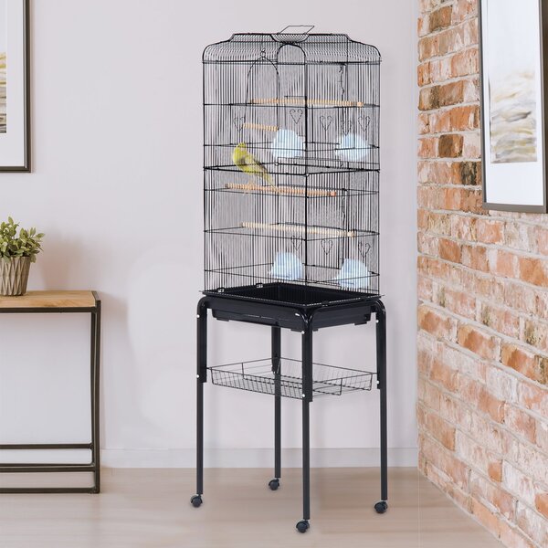 Voliera Gabbia per Uccelli con Ruote in Metallo Nero 47.5x37x153 cm