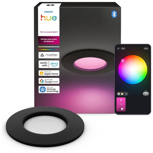 Philips Hue White and Color ambiance Lampada da incasso sottile da 90 mm, Bluetooth/Zigbee, Nero, LED, Policarbonato (PC), Altro, 1000 K