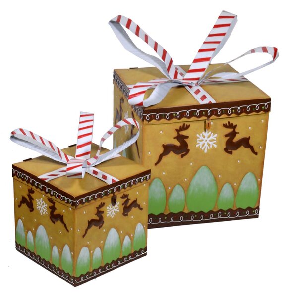 Set 2 Scatole Regalo in Metallo 40x44x40cm Decorazione Gingerbread