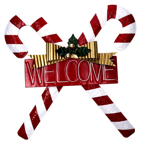 Fuori Porta 8x58x56 cm in Metallo con Scritta Welcome Rosso e Bianco