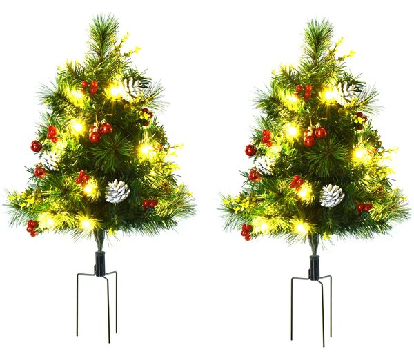 Set 2 Mini Alberi di Natale Artificiali Ø33x75 cm con 24 Luci Pigne e Bacche Pino Verde