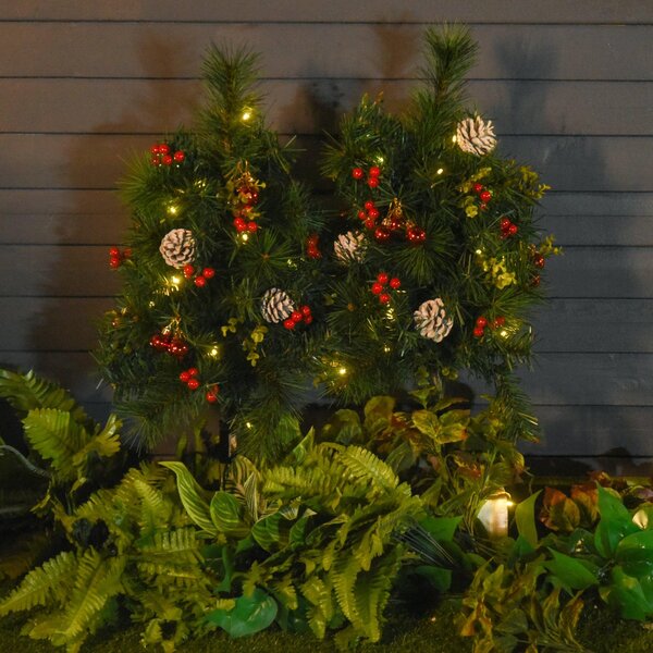 Set 2 Mini Alberi di Natale Artificiali Ø33x75 cm con 24 Luci Pigne e Bacche Pino Verde