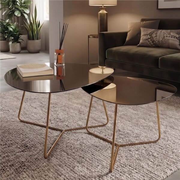 Coppia Tavolinetti da salotto forma ovoidale GAMBE ORO BIG e SMALL MOD.STONE dimensioni 66x72xh51 cm - 54x48x h46 cm Bronzo A Specchio Brunito, in tinta bronzo metallizzato