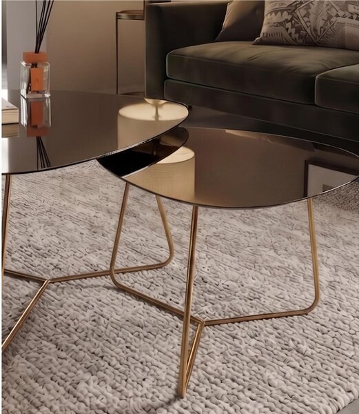 Coppia Tavolinetti da salotto forma ovoidale GAMBE ORO BIG e SMALL MOD.STONE dimensioni 66x72xh51 cm - 54x48x h46 cm Bronzo A Specchio Brunito, in tinta bronzo metallizzato