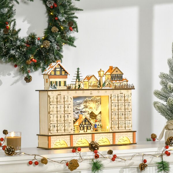 Calendario dell'Avvento 44x10x37 cm 24 Cassetti con Villaggio di Natale e Luci in Legno