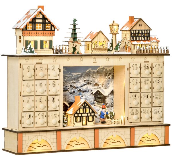 Calendario dell'Avvento 44x10x37 cm 24 Cassetti con Villaggio di Natale e Luci in Legno