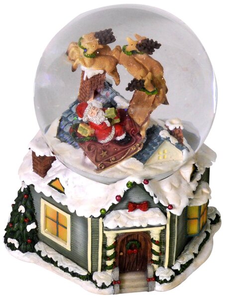 Palla di Vetro Natalizia 13x15,5x11,5 cm con Neve e Musica Tetto con Babbo Natale