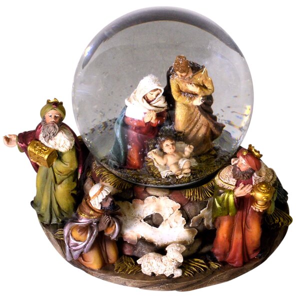 Palla di Vetro Natalizia 16x15x15,5 cm con Neve e Musica Natività e Re Magi