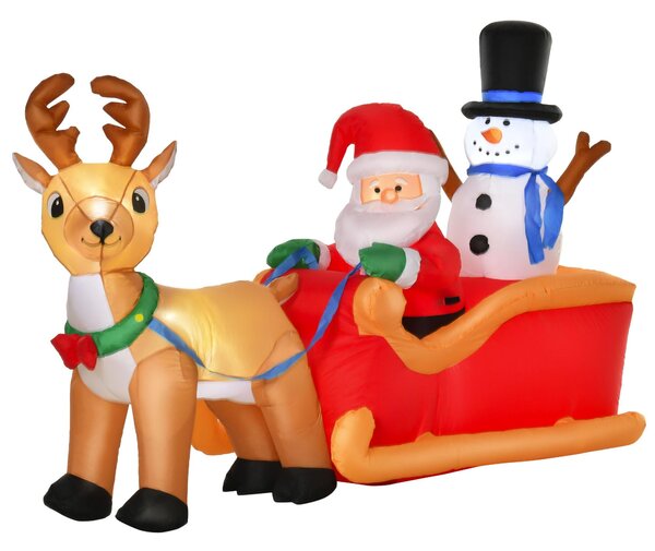 Babbo Natale Gonfiabile Luminoso 200x80x128 cm con Slitta Renna e Pupazzo di Neve Rosso