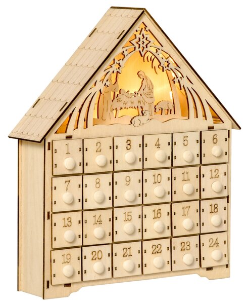 Calendario dell'Avvento 26,6x6x30 cm 24 Cassetti e Presepe Intagliato in Legno