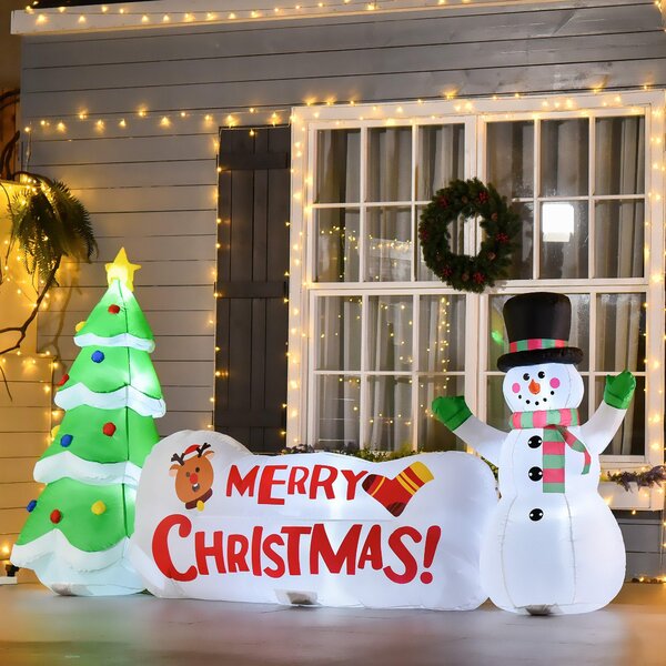Albero di Natale Gonfiabile 163 cm con Pupazzo di Neve Scritta e Luci LED