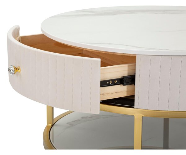 Tavolo da caff� rotondo con struttura in metallo dorato, MONTPELLIER, dimensioni 42x42x h 48 cm design ondulato colore bianco