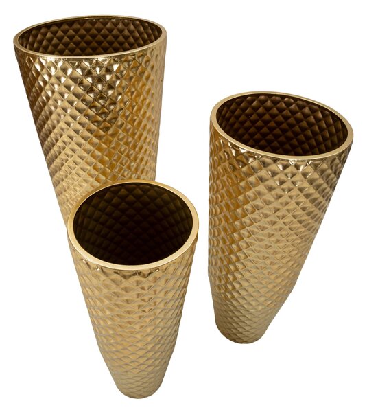 Vasi Set di 3 vasi dorati con trama geometrica in rilievo Ideali per piante tre diametri Dimensioni � 48x110-40x93-33x77 cm Ideali per piante cm in metallo oro
