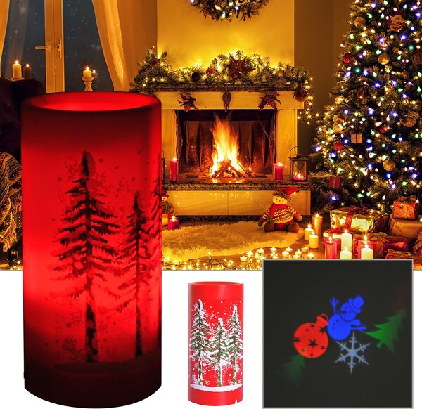 Candela di Natale LED con Proiettore 4 Effetti di Luce Rosso Ø7x15 cm
