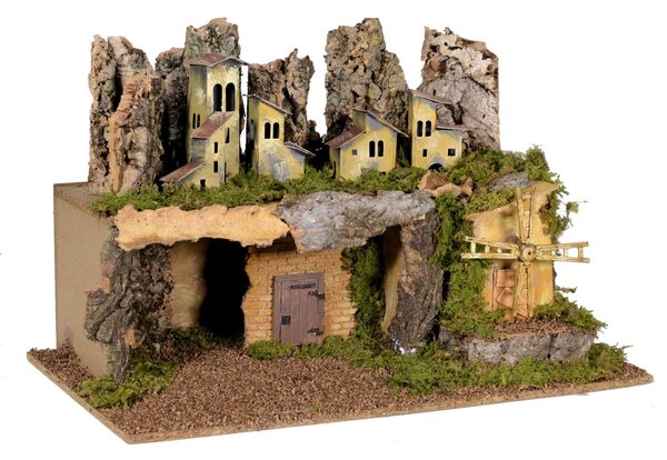 Presepe con Case Luci e Mulino a Vento in Legno 58x39x34cm
