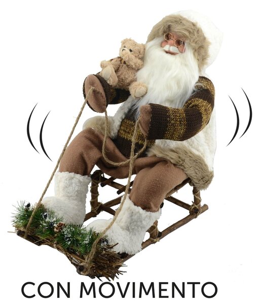 Pupazzo Babbo Natale su Slitta con Movimento 27x50x44cm Bianco e Marrone