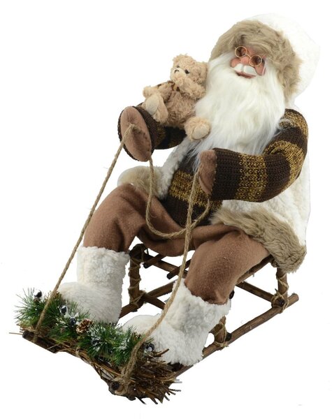 Pupazzo Babbo Natale su Slitta con Movimento 27x50x44cm Bianco e Marrone