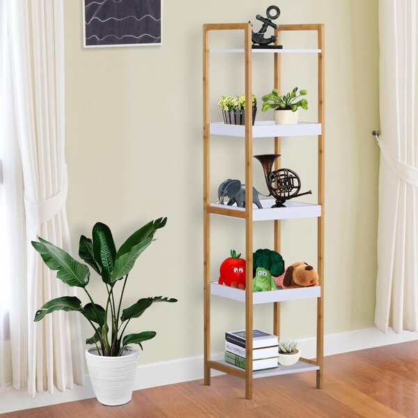 Scaffale Portaoggetti a 5 Ripiani in Bambù e MDF Bianco e Legno Naturale 32x30x130 cm