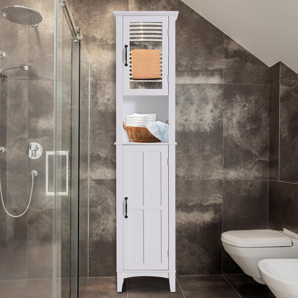 Mobile a Colonna da Bagno Salvaspazio con Specchio in Legno Bianco 40x30x170 cm