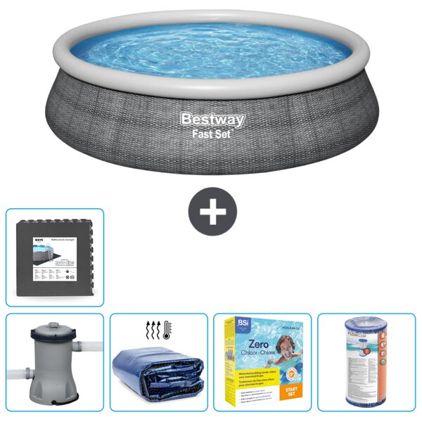 Piscina gonfiabile rotonda Bestway a presa rapida - stampa rattan - 457 x 84 cm - pompa inclusa - tenda da sole - pacchetto manutenzione - filtro - pavimento in piastrelle