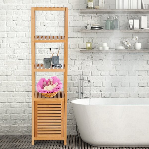 Mobile a Colonna da Bagno in Bambù 36x33x140 cm 4 Ripiani 1 Anta Malmo