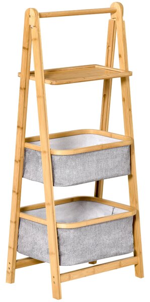 Mobiletto Bagno Pieghevole 3 Ripiani 44,5x33x108 cm in Bambù e Poliestere Grigio