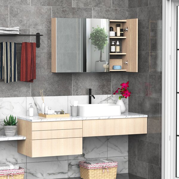 Specchiera da Bagno 3 Ante in Legno Rovere 90x60x13.5 cm