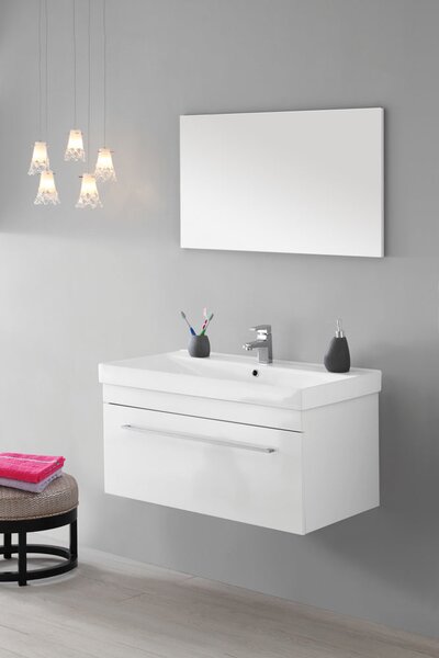 Mobile da Bagno Sospeso Laccato Bianco Composizione in Mdf 90Cm