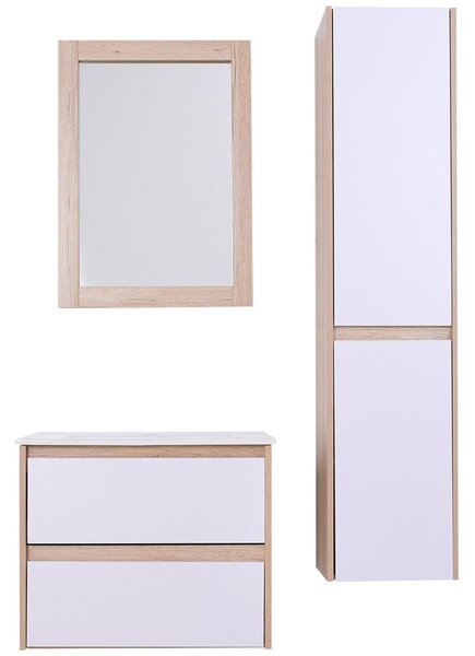 Mobile Bagno Sospeso 60 cm a 2 Cassetti 1 Specchio 1 Colonna Montana Rovere