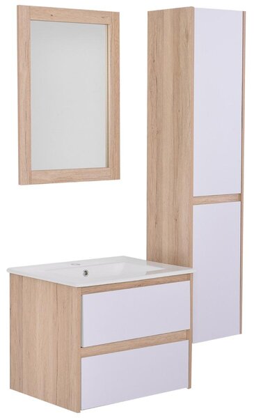 Mobile Bagno Sospeso 60 cm a 2 Cassetti 1 Specchio 1 Colonna Montana Rovere