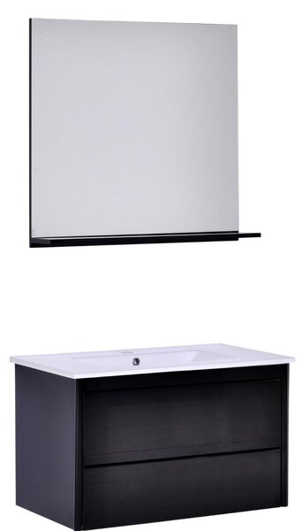 Mobile Bagno Sospeso 80 cm a 2 Cassetti con Specchio e Lavabo Goteborg Nero