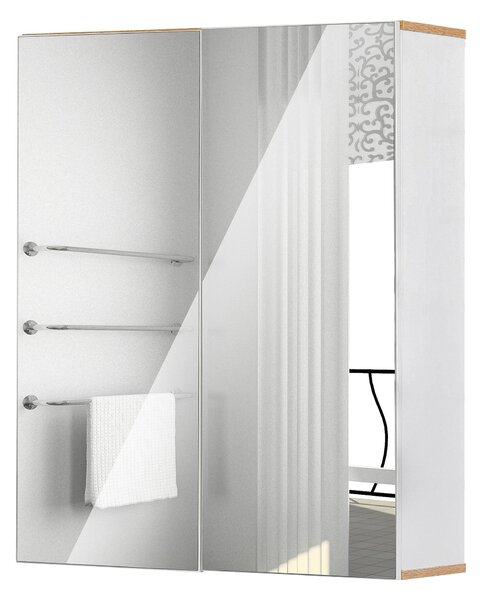 Pensile da Bagno 2 Ante Specchio 60x20,5x75 cm in Legno Bianco e Rovere
