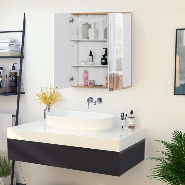 Pensile da Bagno 2 Ante Specchio 60x20,5x75 cm in Legno Bianco e Rovere