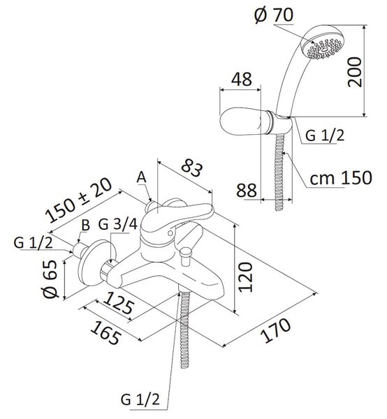 Rubinetto Miscelatore Monocomando Vasca Esterno Doccetta in Ottone Mariani Epic Cromato
